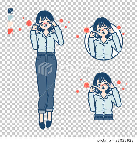 Illustration of a young woman in an open collar shirt suffering from pollen allergies 85825923