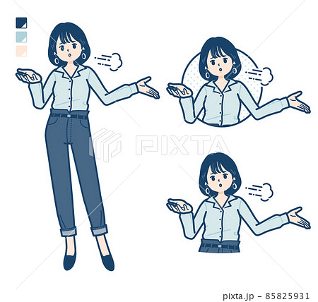 オープンカラーシャツを着た若い女性が落胆しているイラスト 85825931