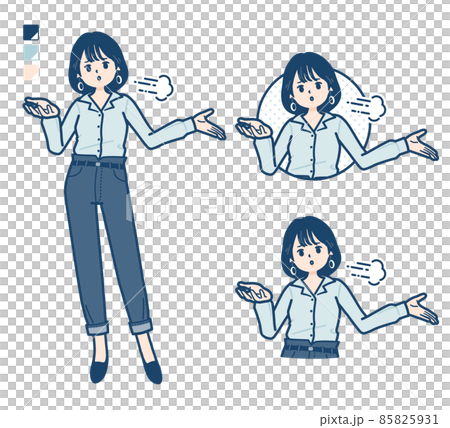 オープンカラーシャツを着た若い女性が落胆しているイラスト 85825931