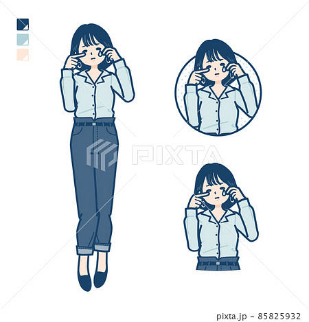 オープンカラーシャツを着た若い女性が泣いているイラスト 85825932