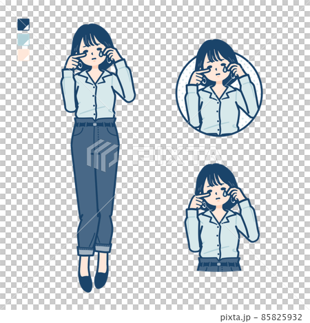 オープンカラーシャツを着た若い女性が泣いているイラスト 85825932