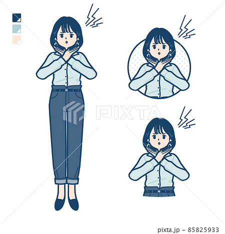 オープンカラーシャツを着た若い女性が腕でばってんを作っているイラスト 85825933