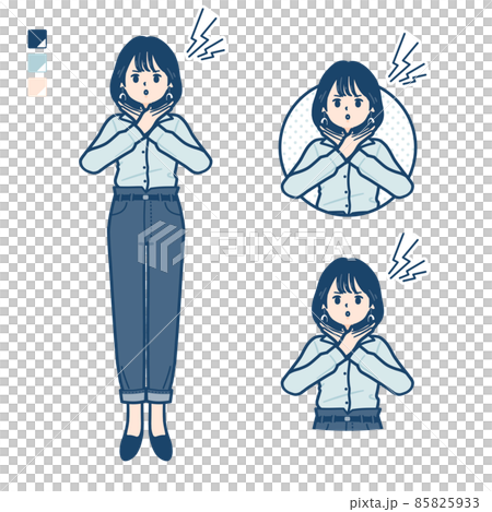オープンカラーシャツを着た若い女性が腕でばってんを作っているイラスト 85825933