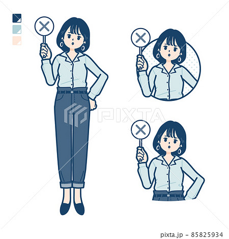 オープンカラーシャツを着た若い女性がバツ印パネルを出すイラスト 85825934