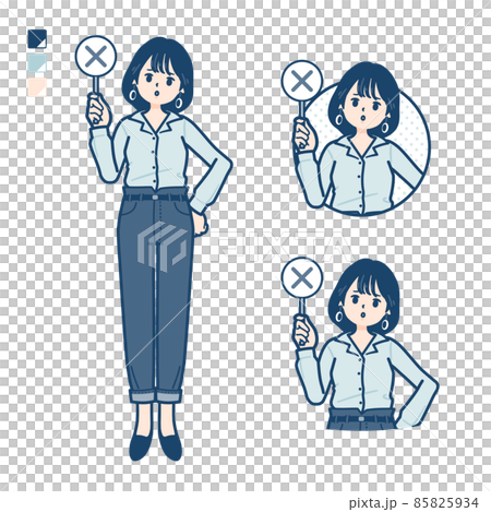 オープンカラーシャツを着た若い女性がバツ印パネルを出すイラスト 85825934