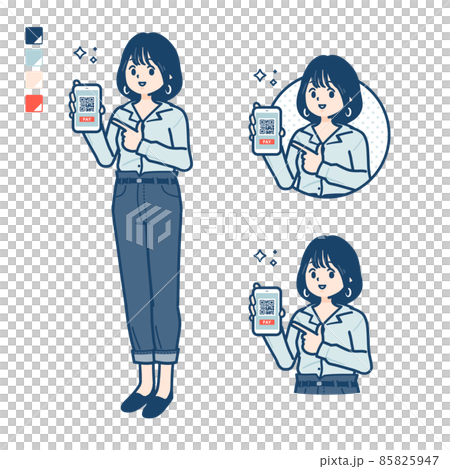 一名穿著開放式彩色襯衫的年輕女子在智能手機上進行無現金支付的插圖 85825947