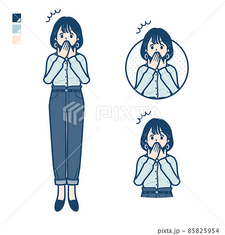 オープンカラーシャツを着た若い女性が口をおさえて驚いているイラスト オープンカラーシャツを着た若い女性が口をおさえて驚いているイラスト 85825954