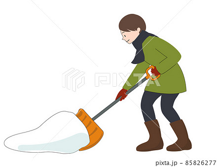 イラスト素材：笑顔で雪かきをしている女性 85826277