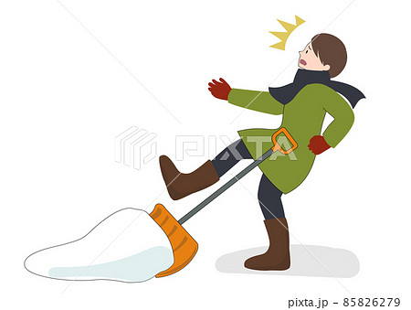 イラスト素材 雪かきをしている時に滑り バランスを崩して驚いている女性のイラスト素材