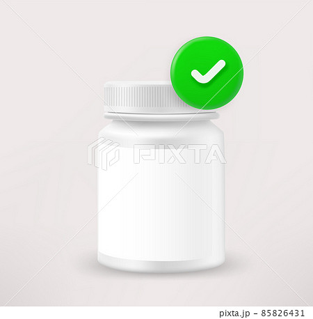 Plastic container with capsules with checkmark. 3d vector icon 85826431