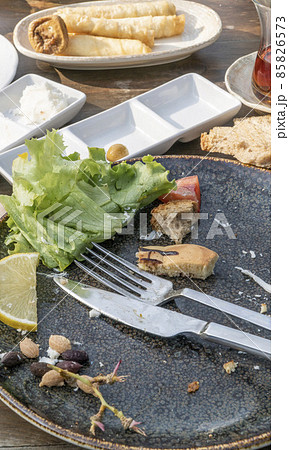 empty and dirty plate of breakfast leftovers on table. 85826573
