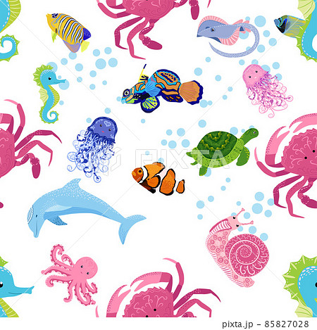 Marine life, fish, animals bright seamless pattern. sea travel, underwater diving animal tropical fish. Jellyfish, whale, shark, seahorse, clown fish, dolphin, turtle emperor fish octopus stingray Marine life, fish, animals bright seamless pattern. sea travel, underwater diving animal tropical fish. Jellyfish, whale, shark, seahorse, clown fish, dolphin, turtle emperor fish octopus stingray 85827028