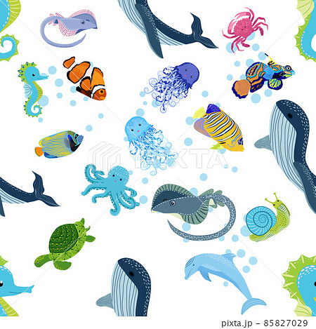Marine life, fish, animals bright seamless pattern. sea travel, underwater diving animal tropical fish. Jellyfish, whale, shark, seahorse, clown fish, dolphin, turtle emperor fish octopus stingray 85827029