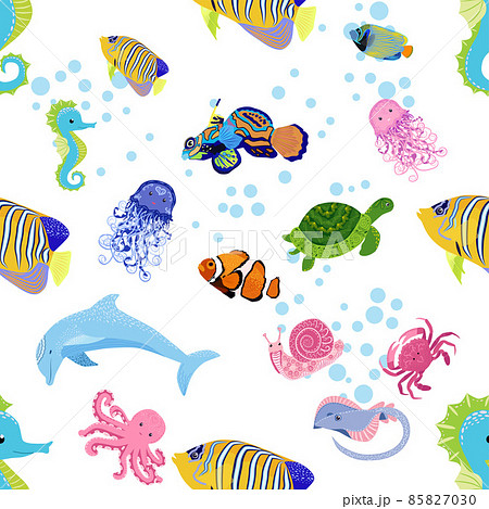Marine life, fish, animals bright seamless pattern. sea travel, underwater diving animal tropical fish. Jellyfish, whale, shark, seahorse, clown fish, dolphin, turtle emperor fish octopus stingray Marine life, fish, animals bright seamless pattern. sea travel, underwater diving animal tropical fish. Jellyfish, whale, shark, seahorse, clown fish, dolphin, turtle emperor fish octopus stingray 85827030