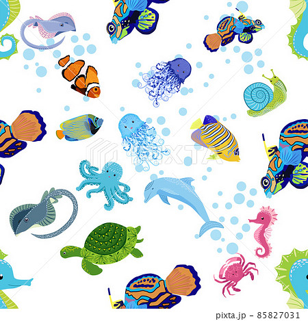 Marine life, fish, animals bright seamless pattern. sea travel, underwater diving animal tropical fish. Jellyfish, whale, shark, seahorse, clown fish, dolphin, turtle emperor fish octopus stingray Marine life, fish, animals bright seamless pattern. sea travel, underwater diving animal tropical fish. Jellyfish, whale, shark, seahorse, clown fish, dolphin, turtle emperor fish octopus stingray 85827031