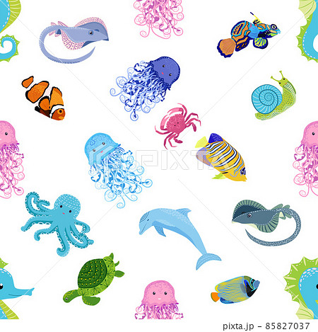 Marine life, fish, animals bright seamless pattern. sea travel, underwater diving animal tropical fish. Jellyfish, whale, shark, seahorse, clown fish, dolphin, turtle emperor fish octopus stingray 85827037