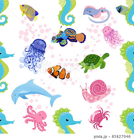 Marine life, fish, animals bright seamless pattern. sea travel, underwater diving animal tropical fish. Jellyfish, whale, shark, seahorse, clown fish, dolphin, turtle emperor fish octopus stingray Marine life, fish, animals bright seamless pattern. sea travel, underwater diving animal tropical fish. Jellyfish, whale, shark, seahorse, clown fish, dolphin, turtle emperor fish octopus stingray 85827046