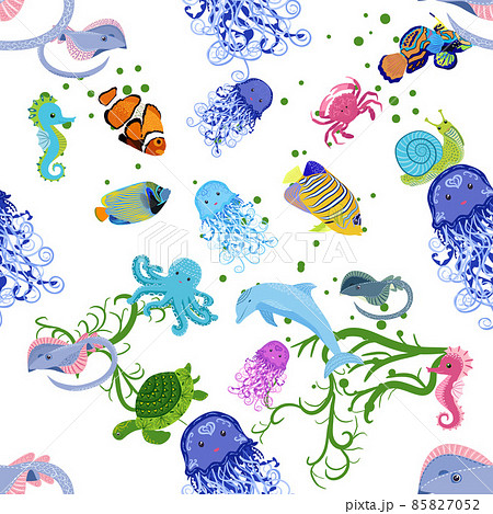 Marine life, fish, animals bright seamless... - Stock Illustration  [85827052] - PIXTA