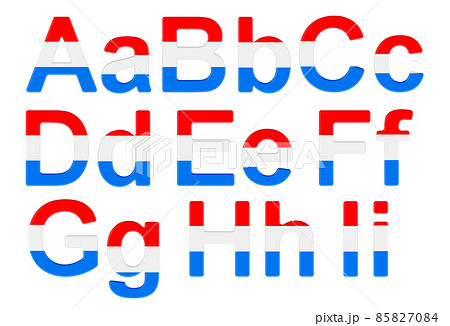 Letters with Luxembourgish flag. A, B, C, D, E, F, G, H, I uppercase and lowercase letters. 3D rendering 85827084