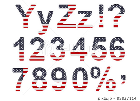 Letters, numbers and punctuation marks with the United States flag. Y, Z, 1, 2, 3, 4, 5, 6, 7, 8, 9, 0. 3D rendering Letters, numbers and punctuation marks with the United States flag. Y, Z, 1, 2, 3, 4, 5, 6, 7, 8, 9, 0. 3D rendering 85827114