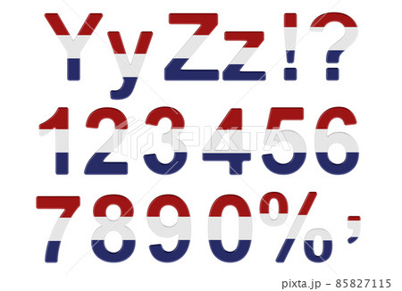 Letters, numbers and punctuation marks with the Netherlands flag. Y, Z, 1, 2, 3, 4, 5, 6, 7, 8, 9, 0. 3D rendering 85827115