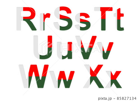 Letters with Madagascar flag. R, S, T, U, V, W, X uppercase and lowercase letters. 3D rendering 85827134