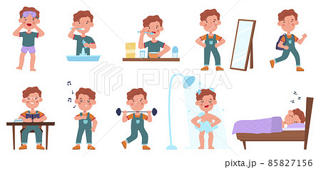 Boy daily routine activities, little guy sleep and wake schedule. Little boy eating, sleeping and reading scenes vector illustration set. Kid daily life schedule 85827156