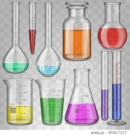Realistic chemical lab glass beaker, filled test tubes, flask, glassware equipment. Laboratory chemical tests glassware vector illustration set. Lab measuring equipment 85827157