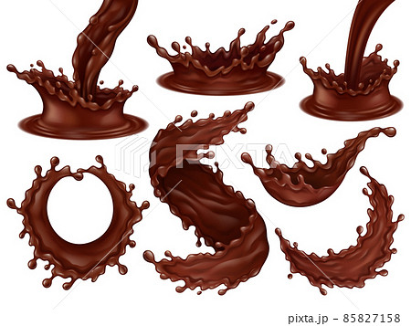 Realistic chocolate frosting splashes, streams and hot dark chocolate swirls. Delicious desserts dynamic splashes and drops vector illustration set. Liquid chocolate splashes 85827158