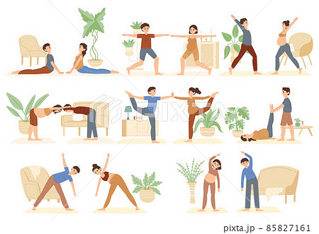 Pregnant characters with partners, yoga practicing family class. Happy couples doing yoga asanas, sports prenatal activity vector illustration set. Young families exercising 85827161