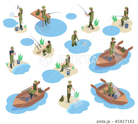Isometric fishermen characters, 3d river or pond fishing. Characters using fishing equipment, boat, tackle and fishing rod vector illustration set. Fisherman characters 85827162
