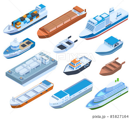 Isometric commercial sea ships, yacht, barge, cruise and sailing boats. Passenger, cargo sea ships, yacht and boat ship vector illustration set. Water transportation 85827164