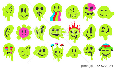 Neon melting smiling faces, retro doodle dripping smile emoji. Psychedelic groovy characters, graffiti smile emoji face vector illustration set. Funny emoji face mascots 85827174