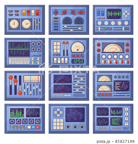 Electrical dashboard, control panels with charts, buttons and tuners. Retro dashboard control panels elements vector illustration set. Spacecraft interface panels 85827199