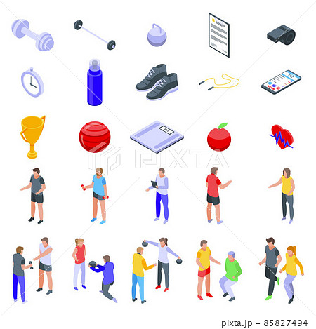 Personal trainer icons set, isometric style Personal trainer icons set, isometric style 85827494