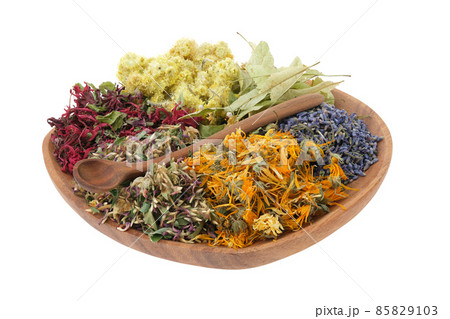 Wooden plate of medicinal herbs, isolated on white. Healing plants, ingredients for making of herbal medicine drugs, tea or infusion. Alternative and herbal medicine concept. 85829103