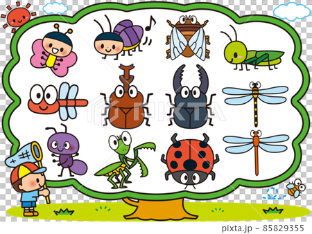 夏休みに虫取りを楽しむ子供のイラスト素材