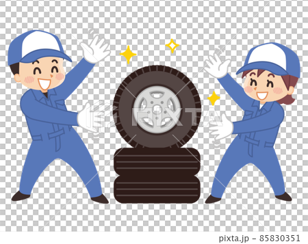 自動車整備士の男女とタイヤ 85830351