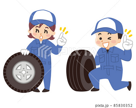 自動車整備士の男女とタイヤのイラスト素材