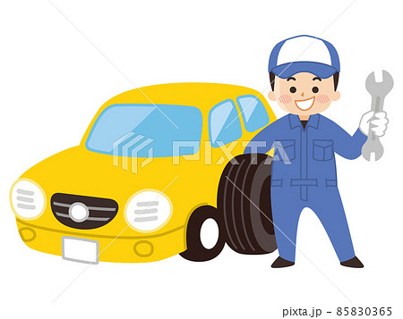 自動車整備士の男性と自動車のイラスト素材