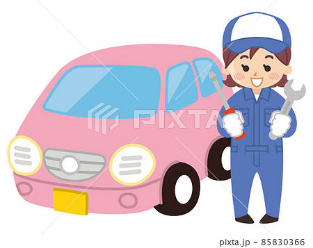 自動車整備士の女性と軽自動車のイラスト素材