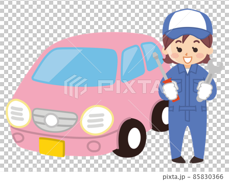 自動車整備士の女性と軽自動車のイラスト素材