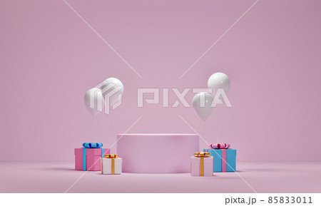Mock up of gift box and balloons with platform for cosmetic product presentation on pink background Mock up of gift box and balloons with platform for cosmetic product presentation on pink background 85833011