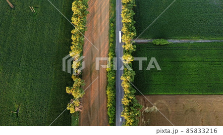 Drone flying over road between green agricultural fields during dawn sunset. Drone flying over road between green agricultural fields during dawn sunset. 85833216