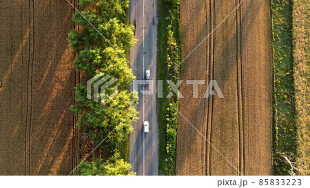 Aerial drone view flight over asphalt road with green trees between wheat fields Aerial drone view flight over asphalt road with green trees between wheat fields 85833223