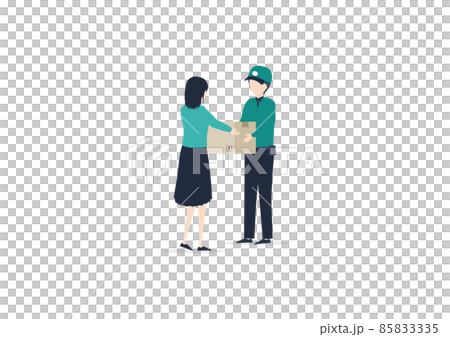 Illustration material of a man of a delivery company who delivers packages to young Japanese women 85833335