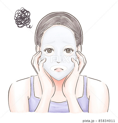 フェイスパックをして悩む女性　水彩風 85834011
