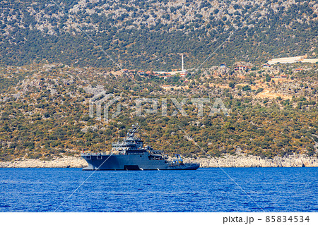 Turkish navy warship sailing in the Mediterranean sea. Protection of water borders of Turkey 85834534