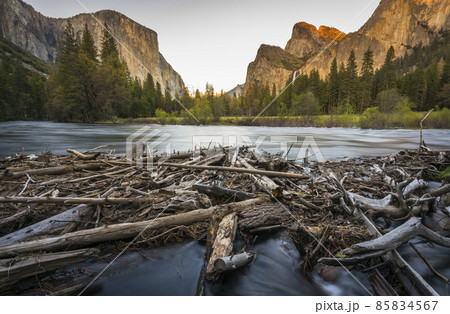 El Capital and Cathedral cliff with river foreground,Yosemite National park,California,usa. El Capital and Cathedral cliff with river foreground,Yosemite National park,California,usa. 85834567