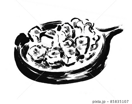 サイコロステーキの和風手描き筆描きイラスト　モノクロ白黒,モノクロ 85835107